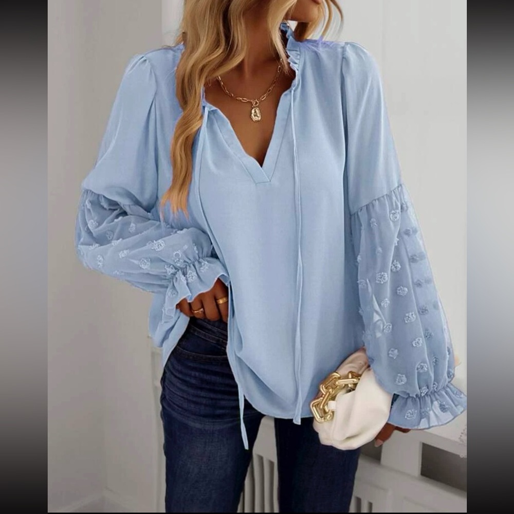 Boho  Swiss dot sleeve tie neck blouse - Picture 3 of 13